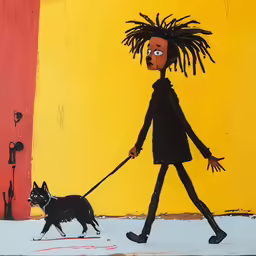 a drawing of a person with a dog on leash
