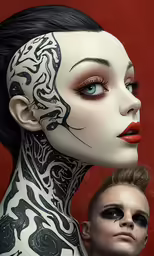 a portrait of a woman with a white skeleton face tattoo