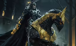 a knight in armor with a horse stands on the street
