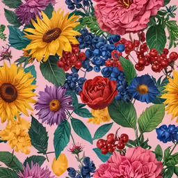 the flowers are all multicolored with leaves