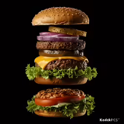 three hamburgers stacked on each other and one with onion, lettuce and cheese