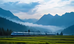 a train in a mountainous area on train tracks