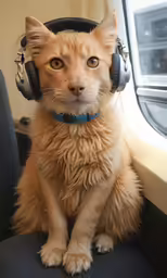 a cat sitting on the seat of an airplane