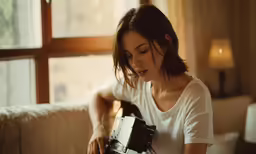 a woman sits on the sofa holding her camera