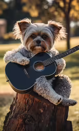 a dog sitting on a wooden post holding a guitar