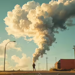 a man standing on the side of a road in front of a smoke stack