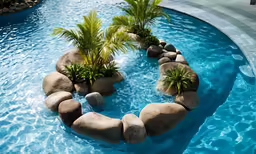a swimming pool with large rocks and a circular path leading to palm trees