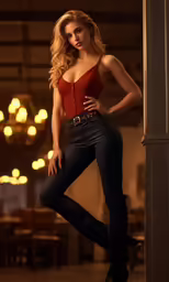 a sexy woman in black and red is standing with her hands on her hips