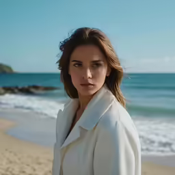 a woman in a trench coat posing for a photo on the beach