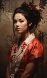 a woman in red and white is posing for a picture
