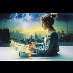 a young woman sits looking at an image of a city
