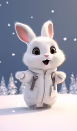 a white bunny is smiling with snow on the ground,an animated rabbit standing in a snowy landscape