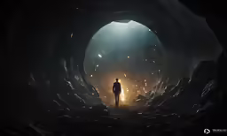the man is standing in the dark cave