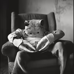 a teddy bear in a knitted cat costume on a chair