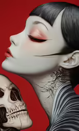 a woman with an alien face is kissing a skull