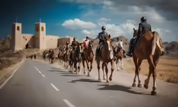group of men riding brown and white horses