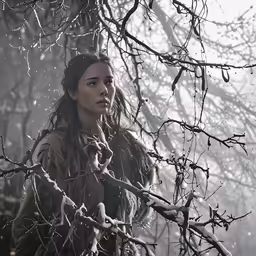 a young girl wearing winter clothes standing in the woods