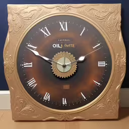 a large brass clock with black and tan numbers,a metal clock has been made with a fancy gold frame,a gold clock is sitting against a wall,a golden clock that is on the floor,a golden colored clock on wooden floors with a blue wall behind