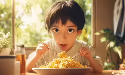 a boy looking up at the camera while eating food