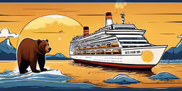 there is a brown bear walking across an ice covered river,a bear and bear cub stand in front of the ocean and a cruise ship