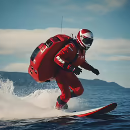 a man in an orange body suit surfing