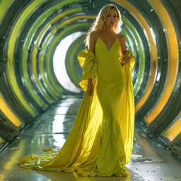 a woman wearing a yellow gown walking through a tunnel