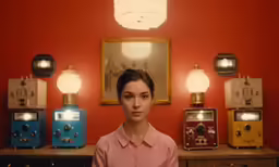 a woman in a pink shirt sits near old radio equipment