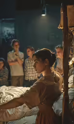 a woman in brown sitting in a bed with lots of people behind her