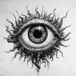 an eye is surrounded by spiky branches and drops