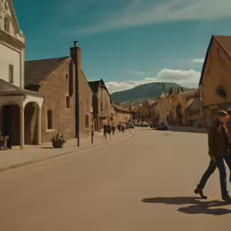 two people crossing a city street in the daytime