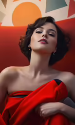 a woman in a red dress is sitting in front of a bright wall