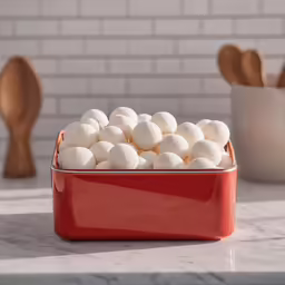 a red dish filled with marshballs on top of a white counter