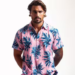 a man in hawaiian shirt posing with his hands in his pockets,a man wearing a pink and blue shirt