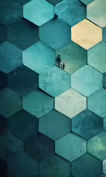 a couple of people standing in between a pile of hexagonals