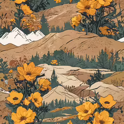 an art print of mountains with yellow flowers
