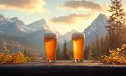 two beer glasses filled with ale in front of a scenic mountain range