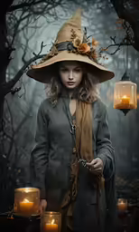 a young woman dressed in a hat holding a lit candle