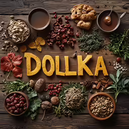 a word spelling that says polkaka in front of many bowls and plates