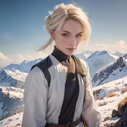 an attractive blonde woman is standing in the snow