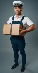 a man in blue overalls and cap holds a cardboard box