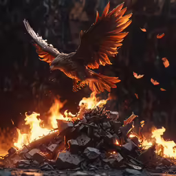 an eagle spreads its wings above debris that is on fire