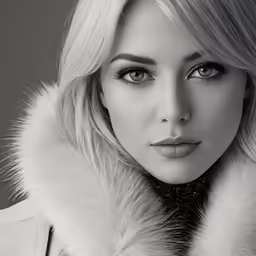 black and white photograph of lady with faux fur coat