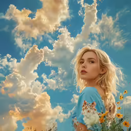 a young blonde woman standing with a sky background