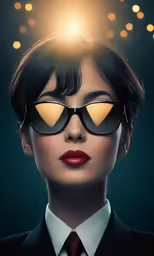 a woman with sunglasses and red lips and glasses