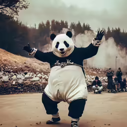 a man in panda bear costume on the street