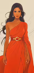 the beautiful lady in a red dress is standing and wearing big earrings