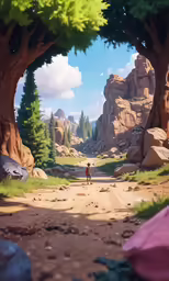 a cartoon character standing in front of a landscape