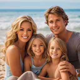 a man and two women sit on a blanket in front of the beach with a young girl on it