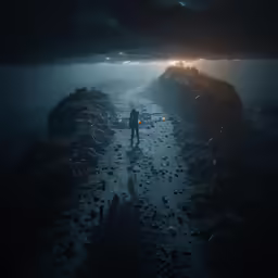 a person standing on the end of a dark road near water