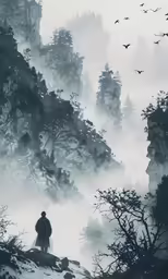 a man standing on a cliff in the middle of foggy forest
